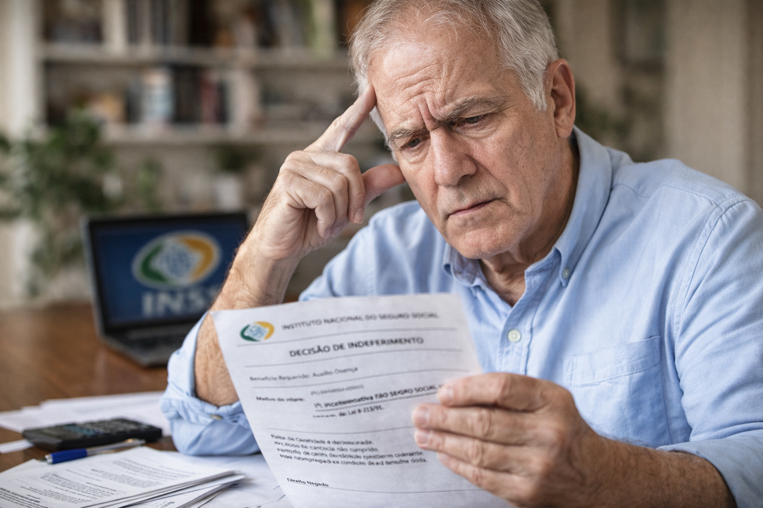 Idoso segurando carta de indeferimento do INSS com expressão preocupada, sentado à mesa com documentos e computador ao fundo.